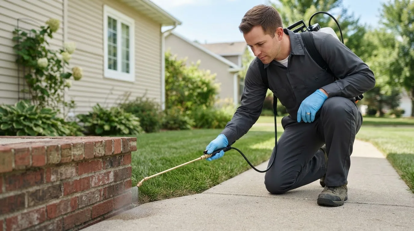 Pest control technician treating a home near Cayuga, ND