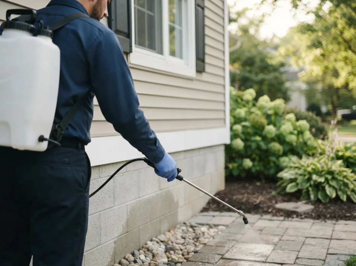 Pest control technician inspecting a home in Cayuga, ND